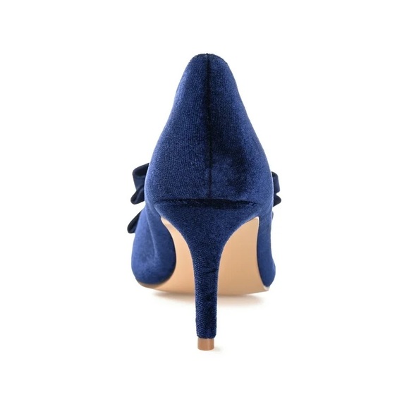 Journee Collection Navy Velvet Heels with Bow - Picture 4 of 7